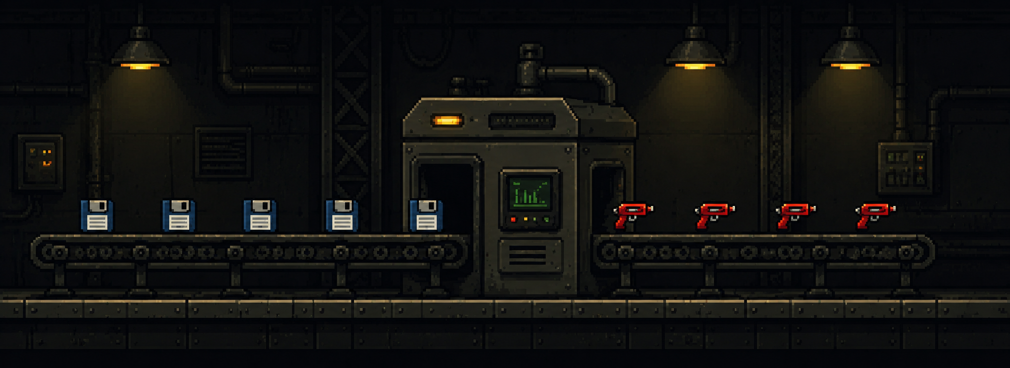 Pixel art AttackFactory banner showing exploit artifacts moving through an automated factory pipeline.