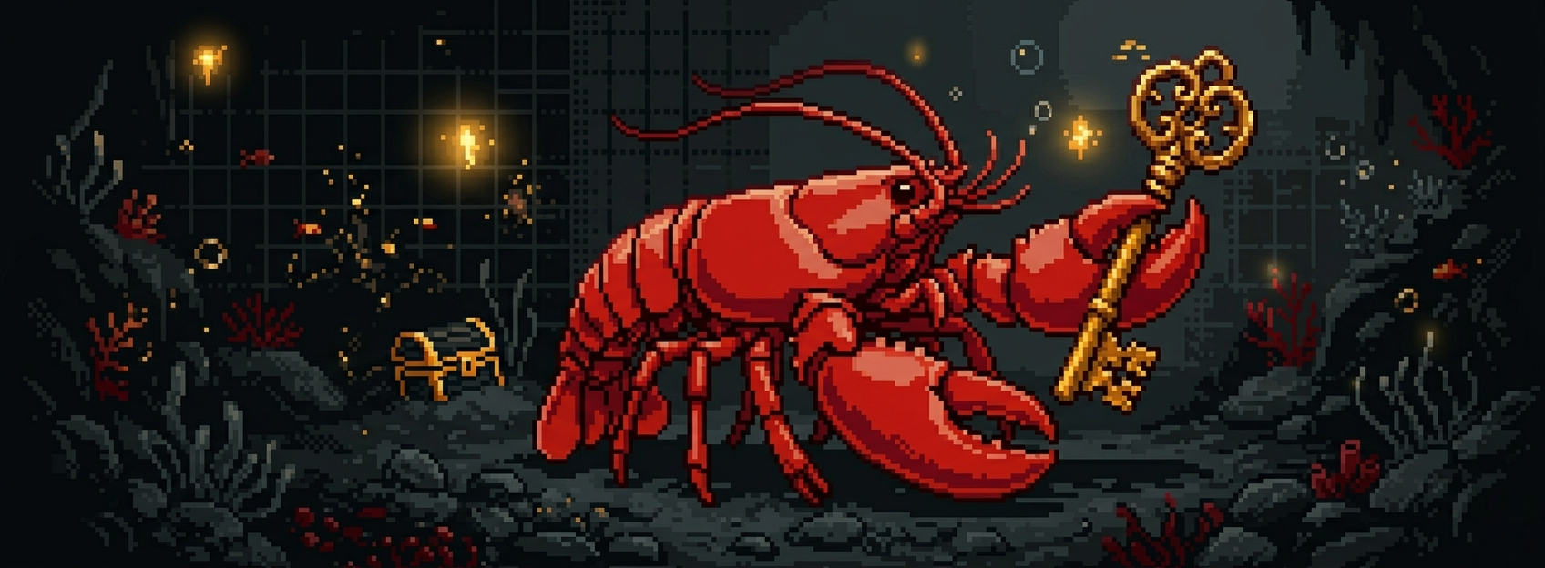 Pixel art banner showing a dark red lobster claw gripping a ring of keys.