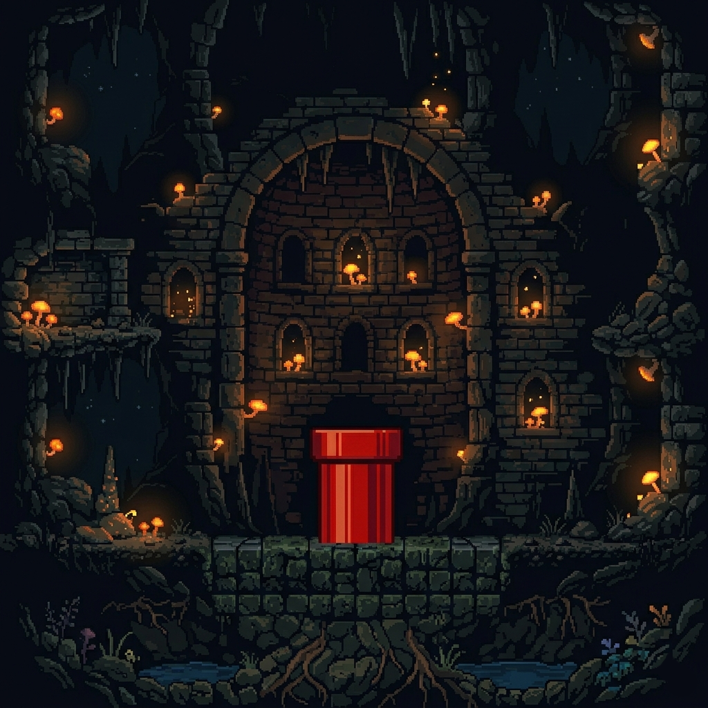 Pixel art preview of a red pipe inside a dark cavern.