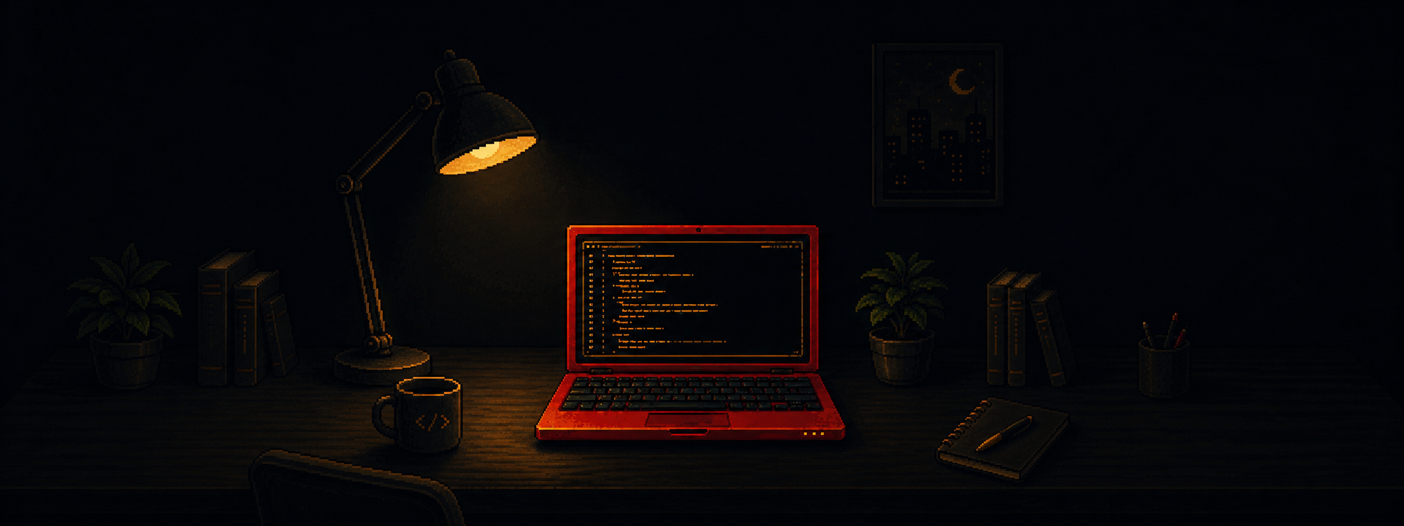 Pixel art banner showing a red laptop under a desk lamp during a developer malware investigation.