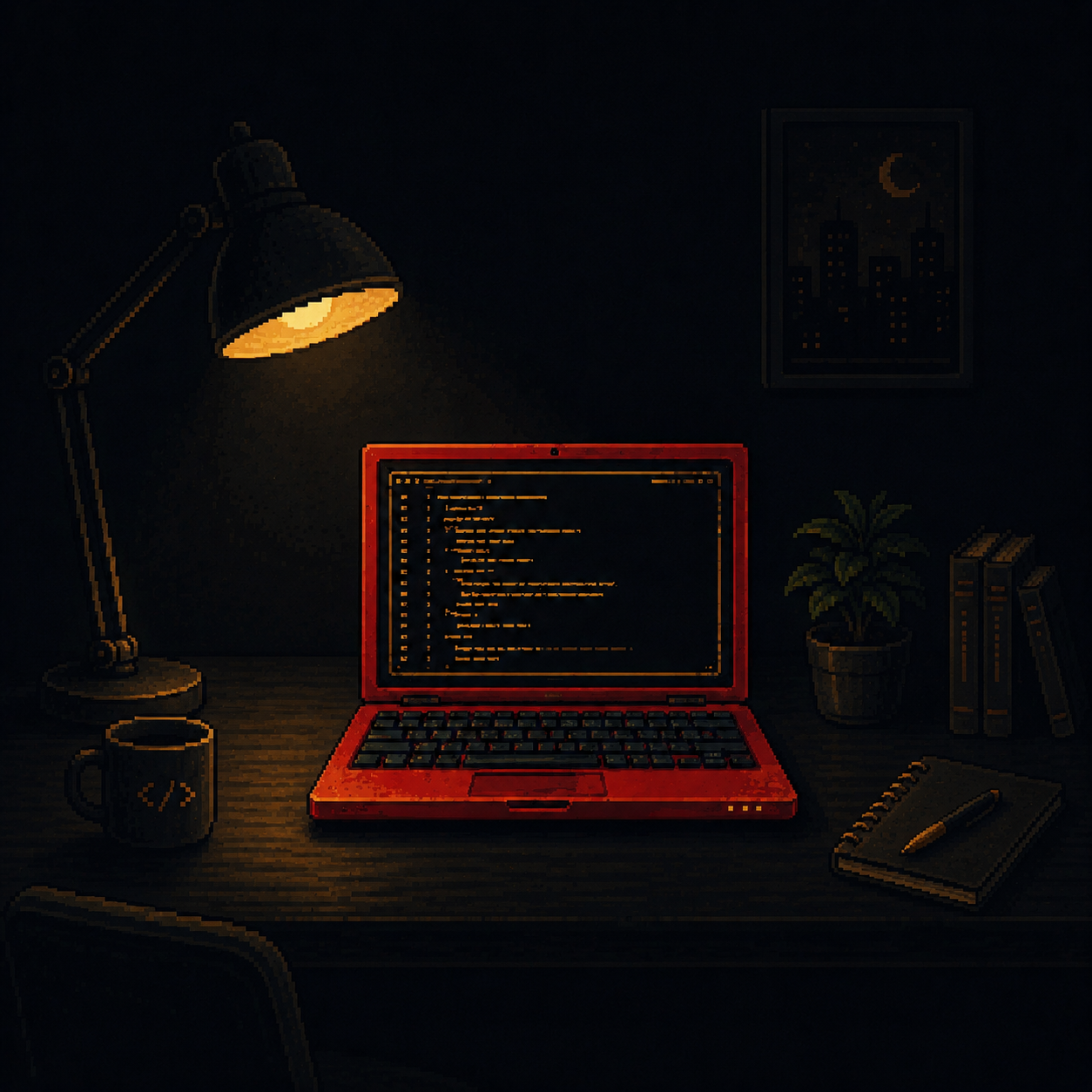 Pixel art preview of a red laptop under a desk lamp during a developer malware investigation.