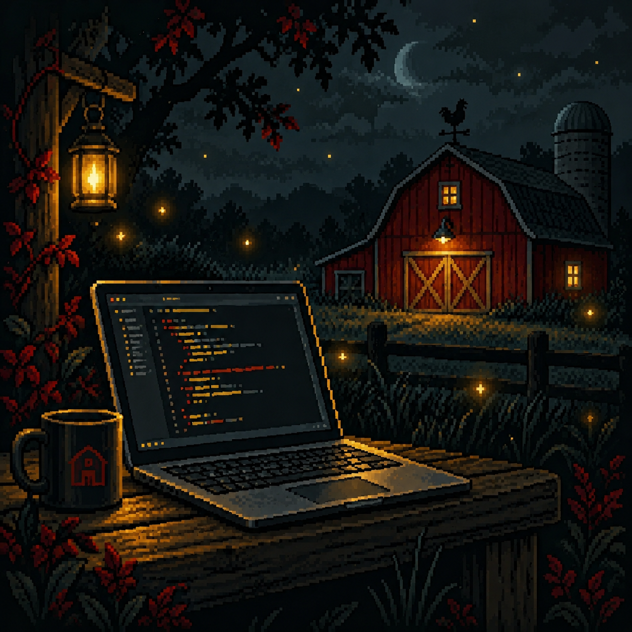 Pixel art showing a laptop running at night beside a red barn.
