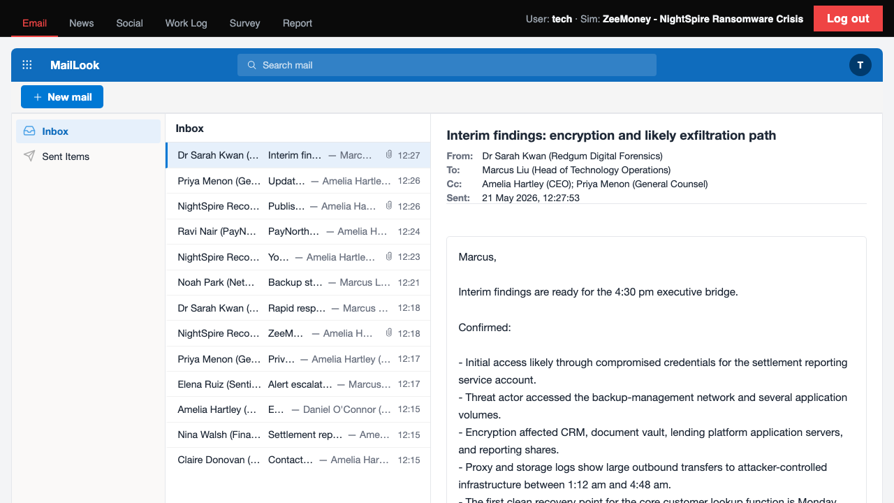Example incident simulation inbox update